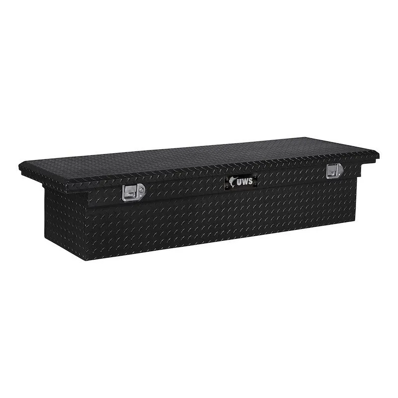 A low-profile black aluminum UWS crossover tool box with a diamond-plate lid