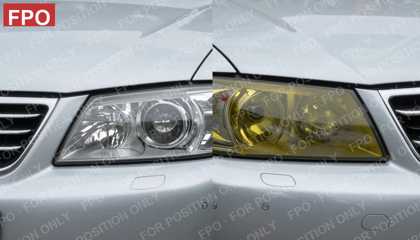 hazed headlight beside a restored one